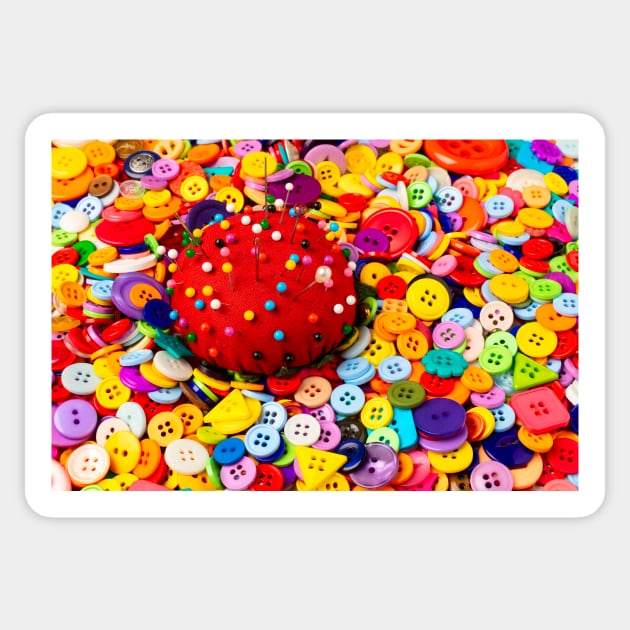 Pile Of Buttons And Red Pincushion Sticker by photogarry